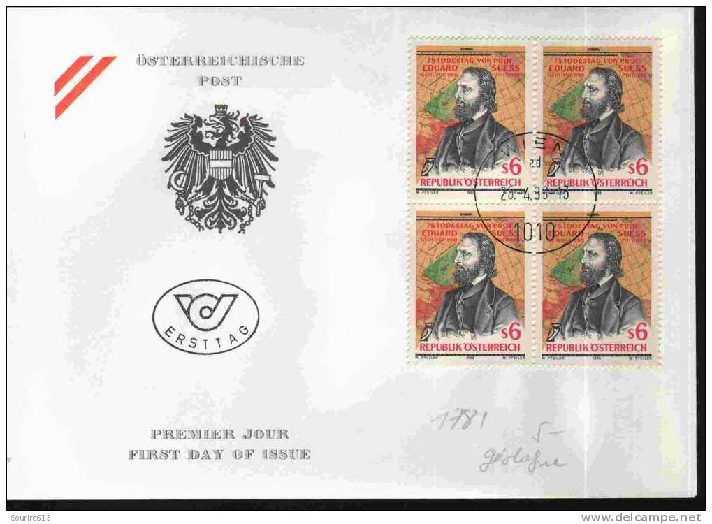 Fdc Autriche 1989 Géologie Eduard Suess 1831 1914 Carte Bloc 4 - Andere & Zonder Classificatie