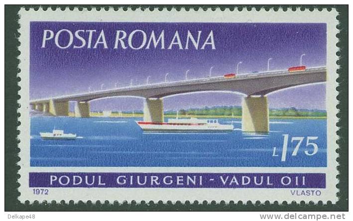 Romania Romana Rumänien 1972 Mi 3032 YT 2695 ** Giurgeni Vadu Oii Bridge, E60 National Road /  Donaubrücke - Auto's