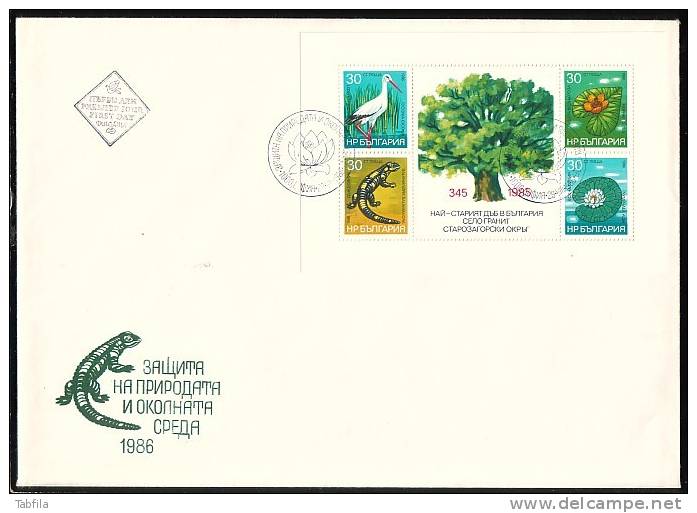 BULGARIE - 1986 - Protection De La Nature - Ecologie - Flore Et Faune - FDC - Bl Dent. - Cigognes & échassiers