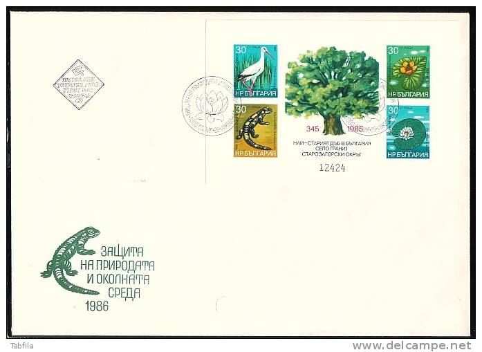 BULGARIE - 1986 - Protection De La Nature - Ecologie - Flore Et Faune - FDC - Bl Non Dent. - Cigognes & échassiers