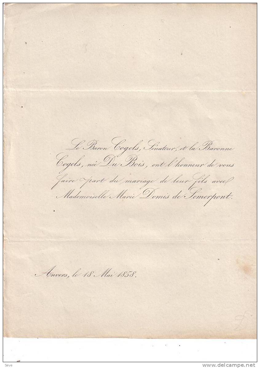 Anvers COGELS  Du BOIS DOMIS De SEMERPONT Faire-part Mariage Mai 1858 (les 2 échangés) - Autres & Non Classés