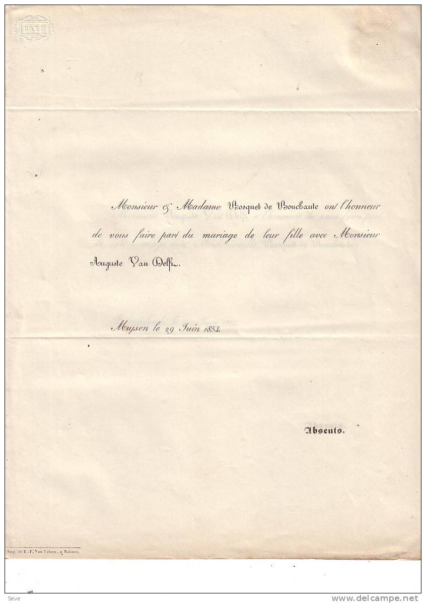 MUYSEN Faire-part BOSQUET De BOUCHAUTE VAN DELFT Faire-part Mariage 1853 - Other & Unclassified