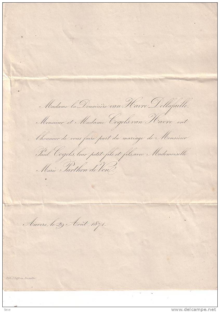 ANVERS COGELS Paul Et PARTHON De VON Faire-part Mariage Les 2 échangés Par Les Familles 1871 - Andere & Zonder Classificatie