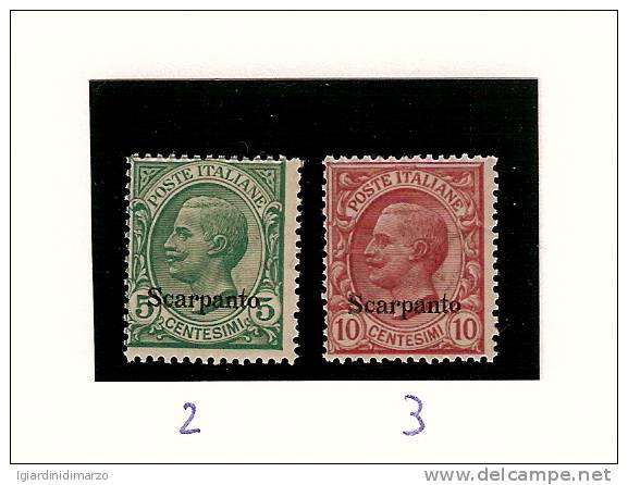 SCARPANTO-Isole Italiane Dell' Egeo-1912 - 2 Valori Nuovi Stl Da 5 C. E 10 C. Con Soprastampa-in Buone Condiz. - DC1139. - Egeo (Scarpanto)