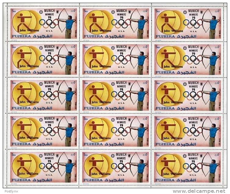 OLYMPICS Fujeira 1972, Munich Usa Williams Archery 5R,SHEET:15 Stamps [feuilles,Ganze Bogen,hojas,foglios,vellen] - Fujeira