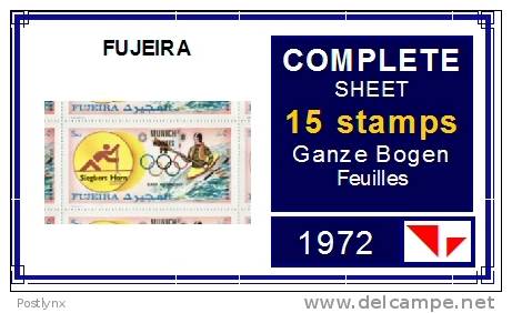 OLYMPIC Fujeira 1972, Munich DDR Horn Canoe 5R, Sheet:15 Stamps [hojas,Ganze Bogen,feuilles,foglios,vellen] - Fudschaira
