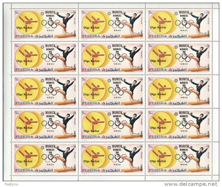 OLYMPICS Fujeira 1972, Munich USSR Olga Korbat Gymnastics 5R, SHEET:15 Stamps [feuilles,Ganze Bogen,hojas,foglios,vellen - Fudschaira