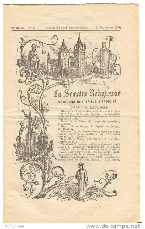 Petit Journal Du 15 Sept 1939 « La Semaine Religieuse Du Diocèse De St Brieuc & Tréguier » - Le Petit Journal