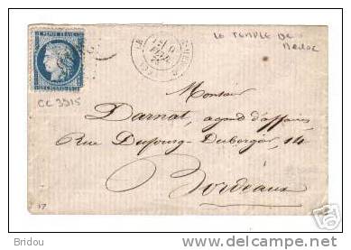 33  Lettre Avec Cachet LE TEMPLE DE MEDOC   GC N°3915    Année 1875 - 1849-1876: Période Classique