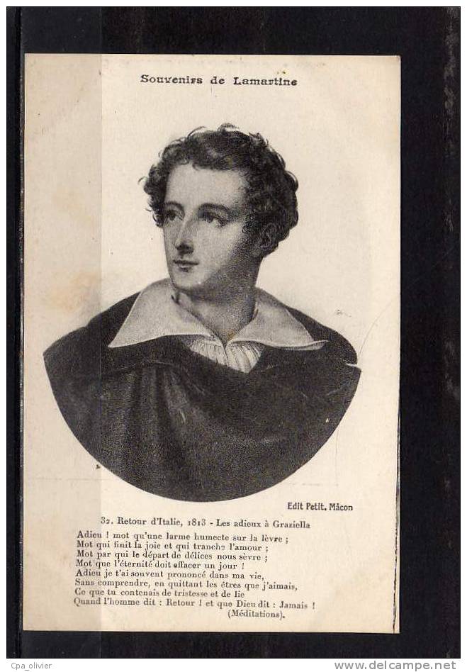 LAMARTINE Portrait, Retour D'Italie, Adieux à Graziella, Poème, Méditations, Souvenirs De Lamartine 32, Ed Petit, 192? - Philosophy