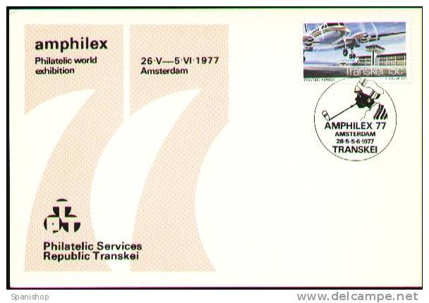 Stamp And Postmarkt In Card. Transkei Republic Amphilex 1977. Amsterdam. Airplane - Transkei