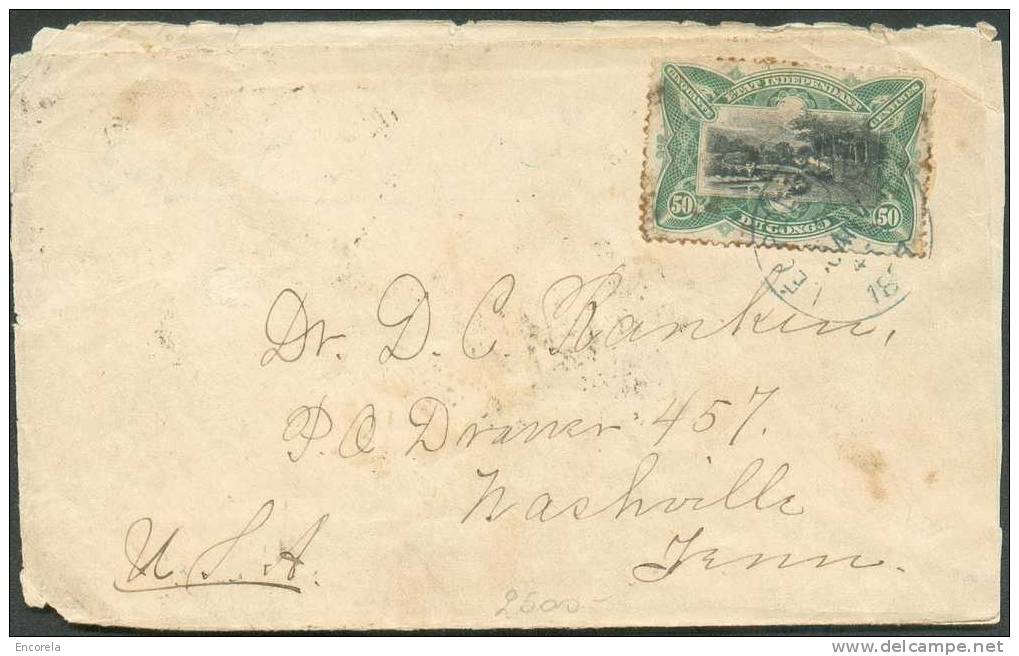 50 Centimes Etat Indépendant Obl. Sc LEOPOLDVILLE S/Env. (petit Format)  5/01/1897 Vers Nashville (USA) Via BOMA, LISBOA - Storia Postale