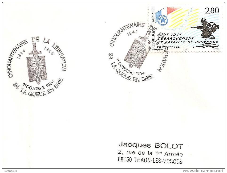 50° Anniversaire Libération  -  LA QUEUE EN BRIE 94 - Commemorative Postmarks