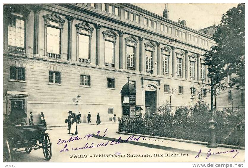 BIBLIOTHEQUE NATIONALE - RUE RICHELIEU Avec Calèche Cpa De 1902 - District 03