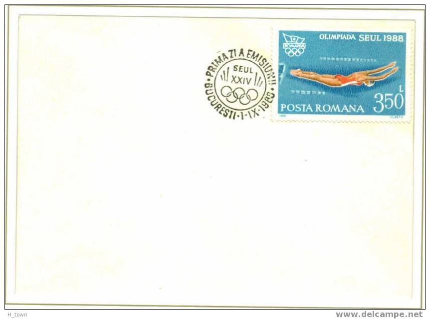 Natation: Oblitération 1er Jour 1988, Enveloppe Blanc – Swimming FDCancel Olympic Games Seoul - Jeux Olimpiques - Ete 1988: Séoul