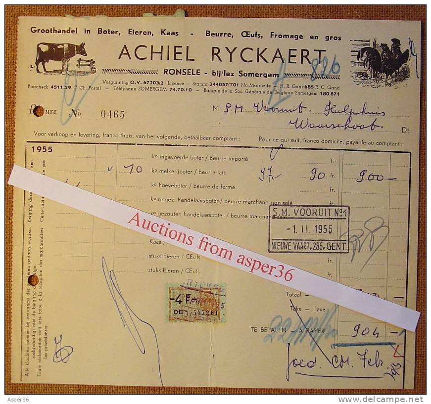 Factuur "Groothandel Boter, Achiel Ryckaert, Ronsele 1955" - 1950 - ...