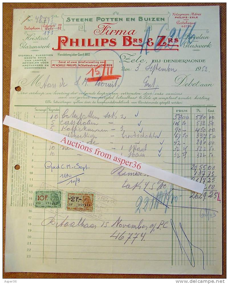 Factuur "Firma Philips Brs & Zrs, Zele 1952" - 1950 - ...