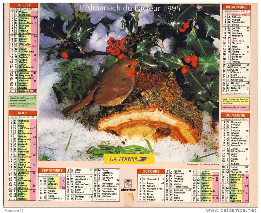 ALMANACH CALENDRIER  PTT DOUBLE  1995-  VIENNE - OBERTHUR - OISEAUX - Big : 1991-00