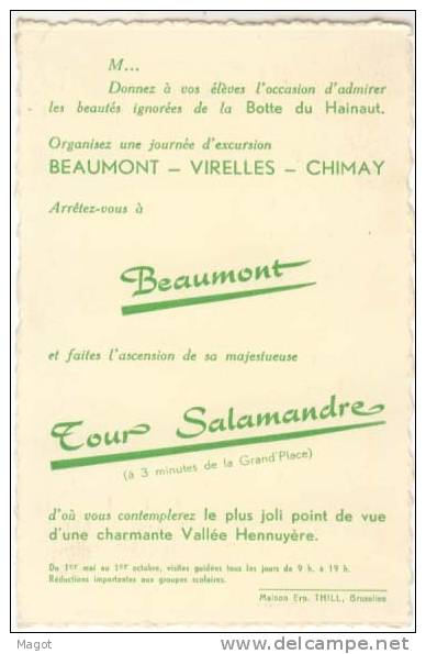BEAUMONT Tour Salamandre Carte Publicité Excursion Scolaire Botte Du Hainaut Virelles Chimay Vallée Hennuyère Thill - Beaumont