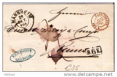 Bad079/ BADEN -  Mannheim-Frankreich Taxstempel R6K, 1887 - Briefe U. Dokumente