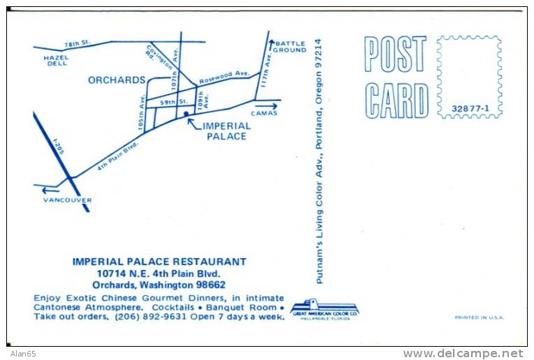 Orchards Washington, Vancouver Suburb, Imperial Palace Restaurant, Map On Back, Chinese Food - Vancouver