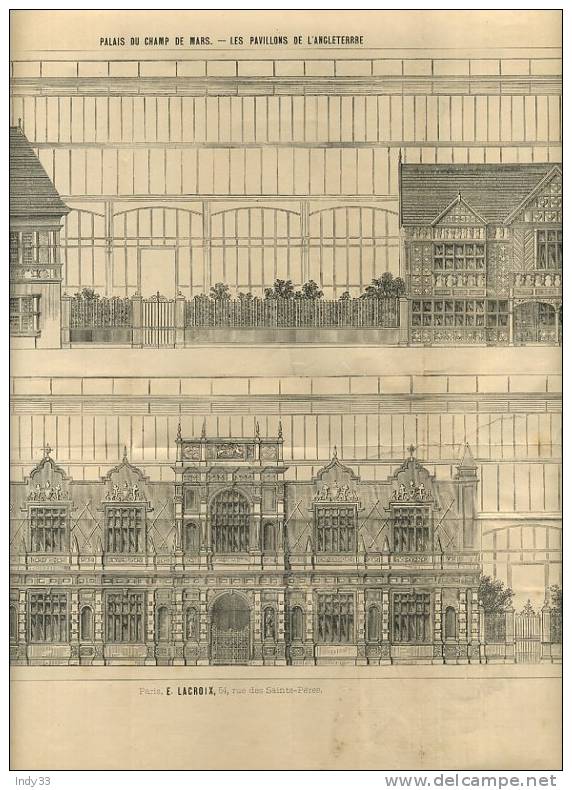 - PALAIS DU CHAMP DE MARS . LES PAVILLONS DE L´ANGLETERRE   . GRAVURE DE L´EXPOSITION DE PARIS DE 1878 - Architektur