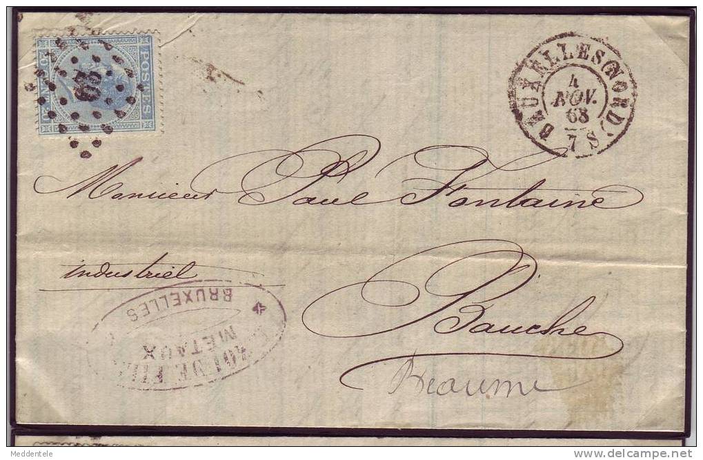 Lettre N°18 LP 63 BRUXELLES (NORD) Vers BAUCHE (Beaume) 4/11/68 ***TTB*** - 1865-1866 Profil Gauche