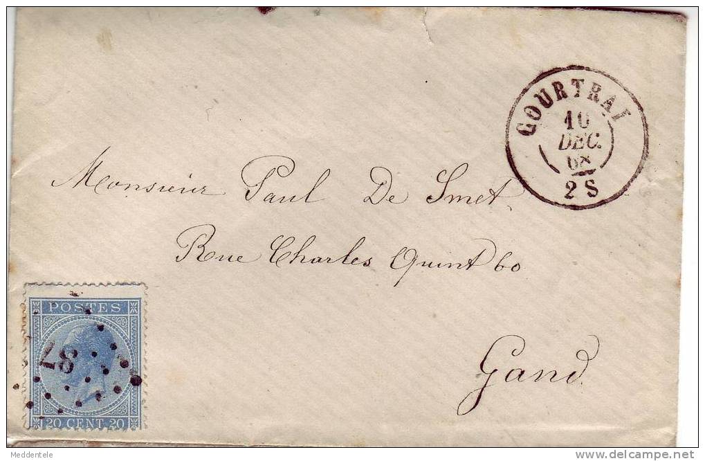 Lettre N°18 LP 87 COURTRAI Vers GAND (21) 10/12/68 ***TTB*** - 1865-1866 Profil Gauche