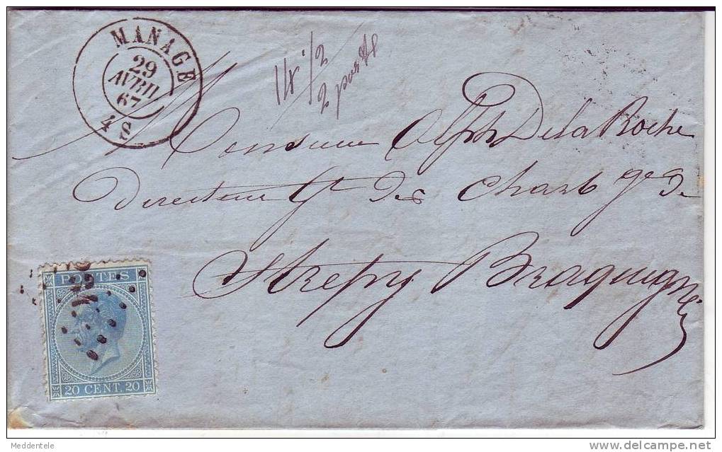 Lettre N°18 LP 234 MANAGE Vers BRACQUEGNIES 29/4/67 ***TTB*** - 1865-1866 Profile Left