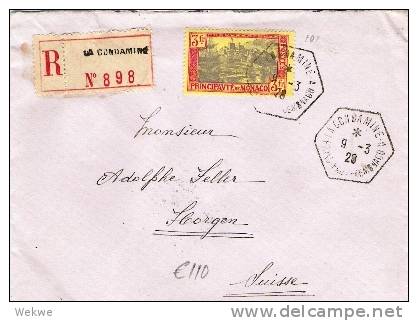 PM006/-  MONACO  Einschreiben La Condamine  9.3.1928. Schloss/Hafen 3 F. Nach Horgen, Schweiz - Brieven En Documenten