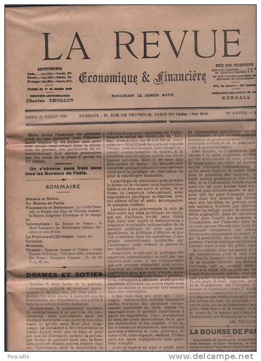 LA REVUE ECONOMIQUE ET FINANCIERE 15/07/1922 - REPARATIONS DE GUERRE - BOURSE - SHELL - LYON - ACTIONS ... - Allgemeine Literatur