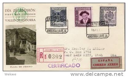 PAE018/ ANDORRA -  FDC/ Einschreiben Nach Salt Lake -city,  USA 1948 - Lettres & Documents