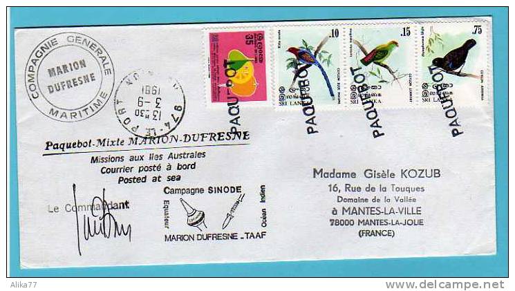 POSTE NAVALE    Mission Iles Australes  Paquebot Marion Dufresne 1981  Timbres Du Sri Lanka - Lettres & Documents