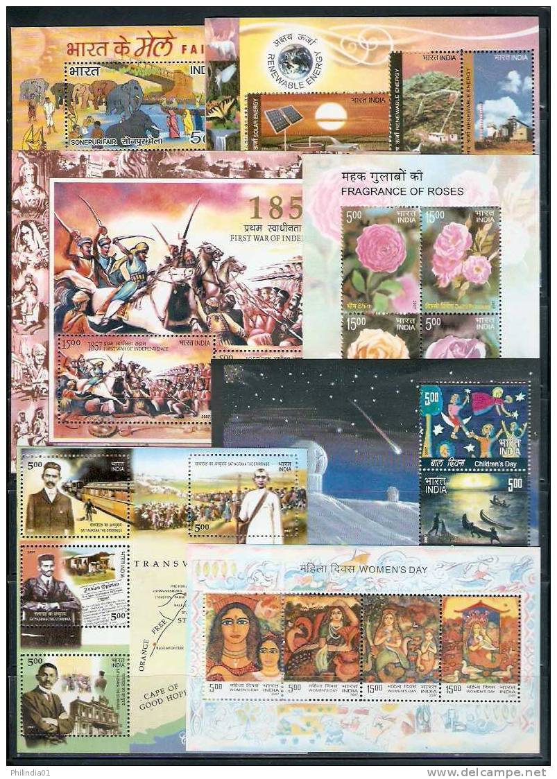 India 2007 Year Pack 11 M/s Gandhi, Renewable Energy, Rose, Bridge, Buddha, Military, Air Force, War Of Independence MNH - Annate Complete