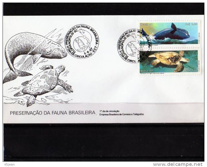 Brésil: 1987, Fdc Préservation De La Faune Bésilienne, Tortue Et Baleine Franche, Belle Qualité - Schildkröten