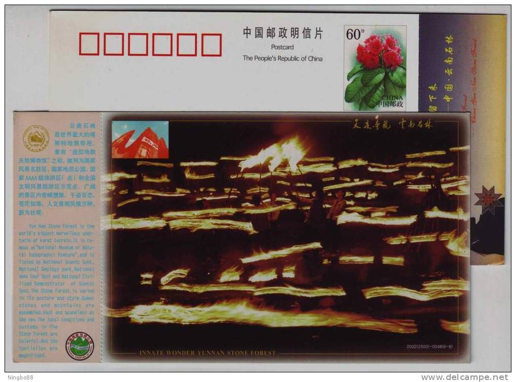 Yunan Torch Festival Of Yi Minority,China 2002 Stone Forest World Geopark Landscape Advertising Pre-stamped Card - Costumes