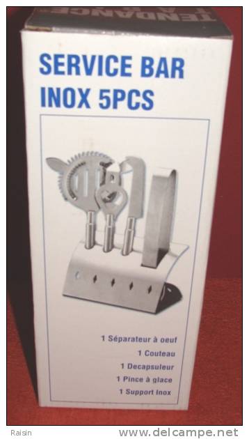 Service Bar Inox à Offrir 5 Pièces Séparateur Oeuf Couteau  Décapsuleur  Pince à Glace  Support  Neuf  TBE  (voir Info) - Roerstokjes