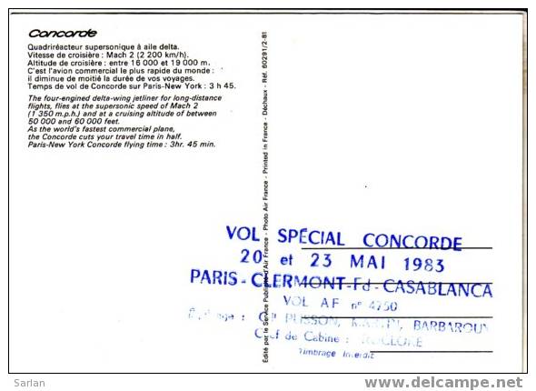 AVIATION , CONCORDE , Tampon Vol Special 20 &23 Mai 1983 Clermont Fd - Casablanca - 1946-....: Ere Moderne