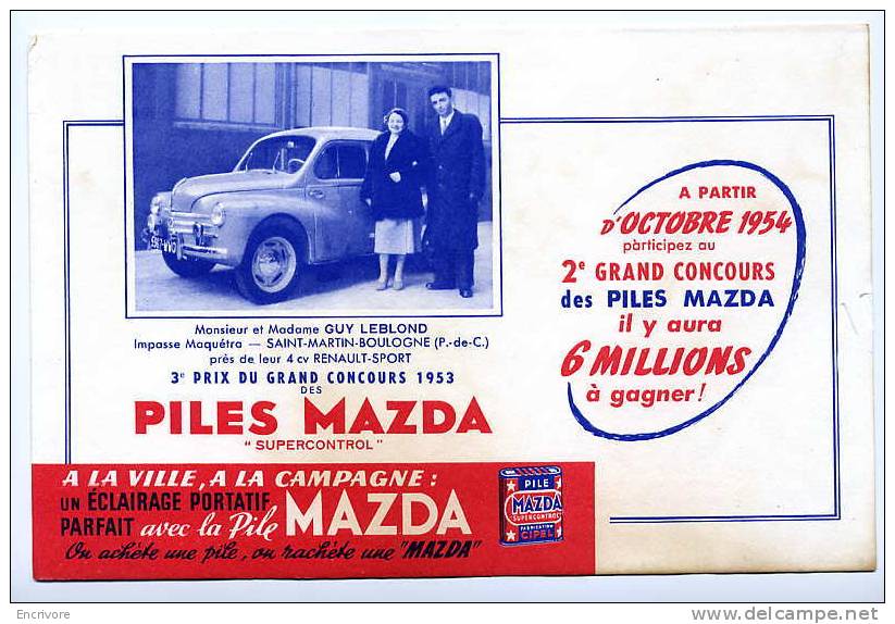 Buvard MAZDA Piles -voiture Renault 4 CV - - Automotive