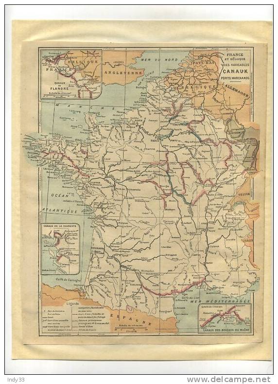 - FRANCE ET BELGIQUE . VOIES NAVIGABLES . CARTE FIN DU XIXe S. OU  DEBUT  XXe DECOUPEE ET COLLEE SUR PAPIER - Europe