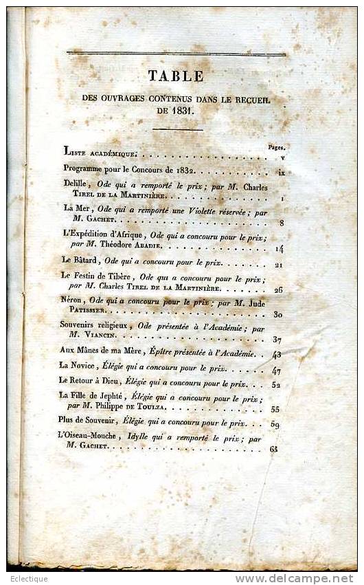 Recueil De L'Académie Des Jeux Floraux 1831, Hôtel D'Assézat,poésie, Prose - Midi-Pyrénées
