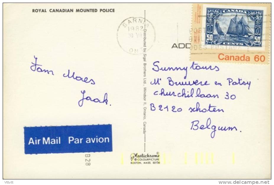 CANADA : Royal Canadian Mounted Police (Police Montée) Cavaldiers, Chevaux (circulée, 1982) 2 Scans. - Moderne Ansichtskarten
