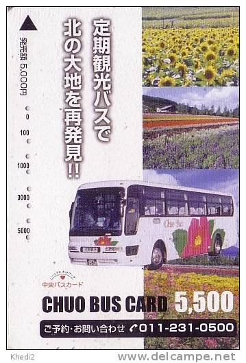 Carte Prépayée Japon AUTOBUS Et Fleur TOURNESOL - BUS & Sunflower Japan Card - 17 - Fleurs