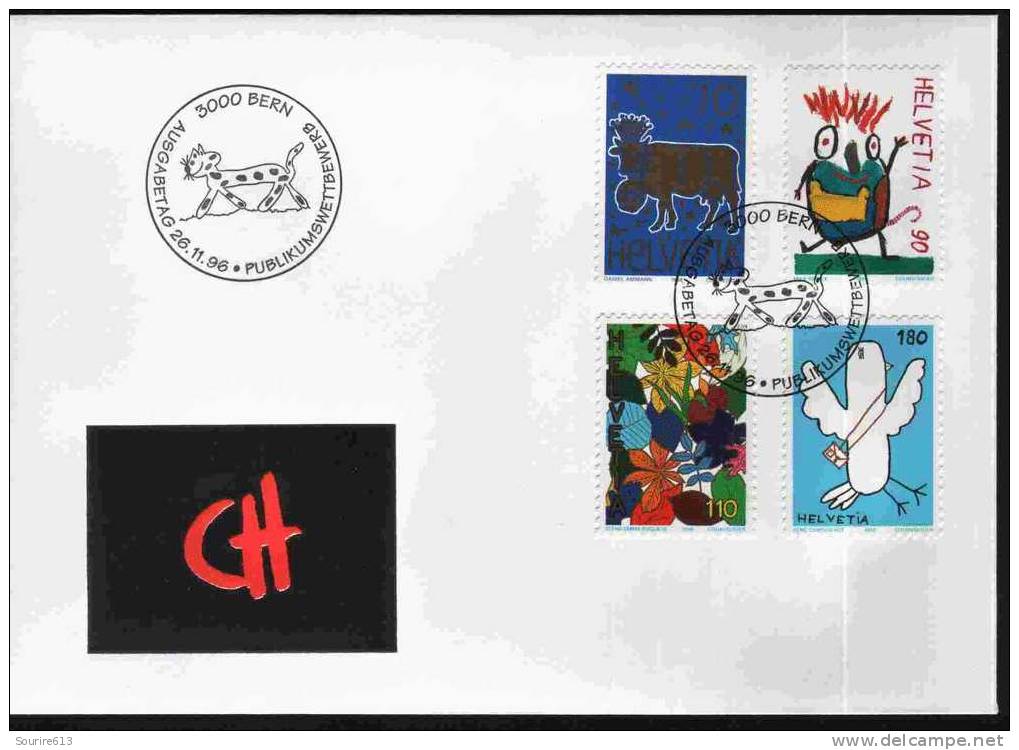 Fdc Suisse 1996 Philatélie Concours Design Timbres Dessins Enfants Vache Colombe Sourire - Sonstige & Ohne Zuordnung