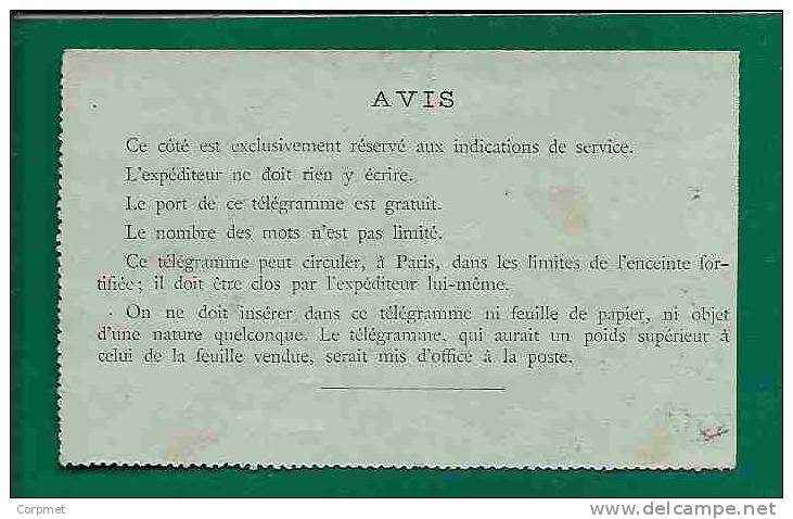 FRANCE - ENTIER POSTAUX - 1885 TELEGRAMME - NEUF LIGNES D´AVIS ON VERSO - Used YVERT # 2531 - Pneumatic Post