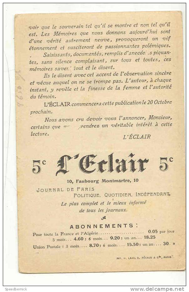 9650 Journal L'éclair . Guillaume 2 Et L'impératrice . Allemagne, Format Cpa Mais Pas Cpa ; Paris Quotidien - Personnages