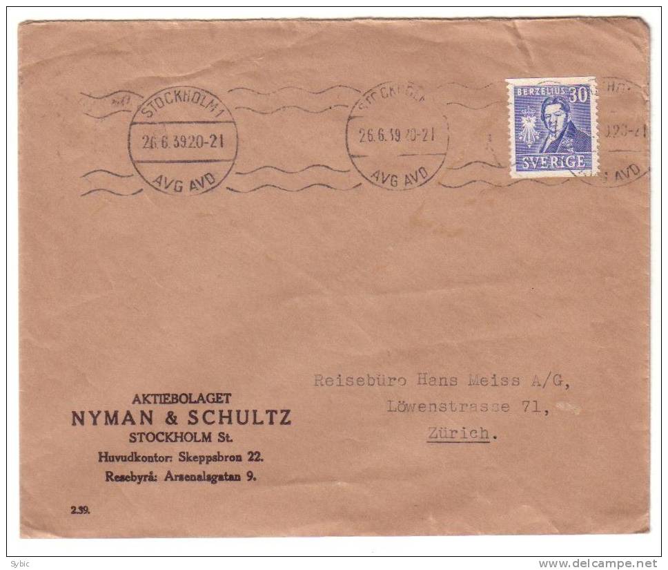 SUEDE- Lettre Pour La SUISSE 1939 - Lettres & Documents