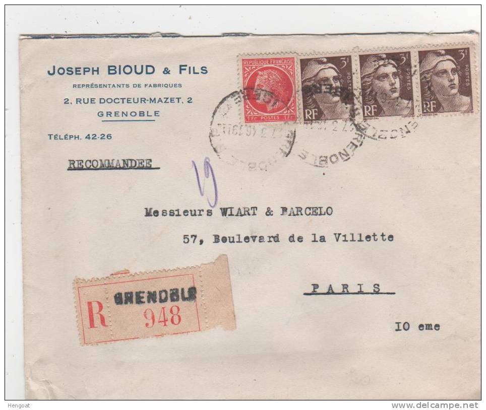 Lettre Recommandée  Timbres N°676 , 715 X3 De Grenoble , Du 27 3 1946 - Covers & Documents