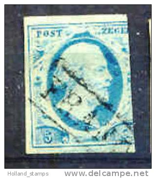 1852 Koning Willem III 5 Cent BLAUW NVPH 1 * Periode 1852  Nederland  Nr. 1 Gebruikt  (62) - Used Stamps