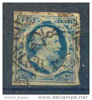 1852 Koning Willem III 5 Cent BLAUW NVPH 1 * Periode 1852  Nederland  Nr. 1 Gebruikt  (68) - Gebruikt